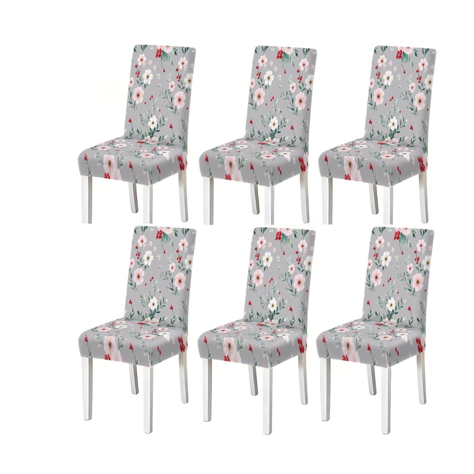 FZJKGH Grey Floral Dining Chair Covers Set Of 2/4/6, Stretch Washable High Back Chair Covers, Elegant Pink Blossom Berry Design Removable Stretch Slipcovers for Dining Chairs(6PCSChair cover)