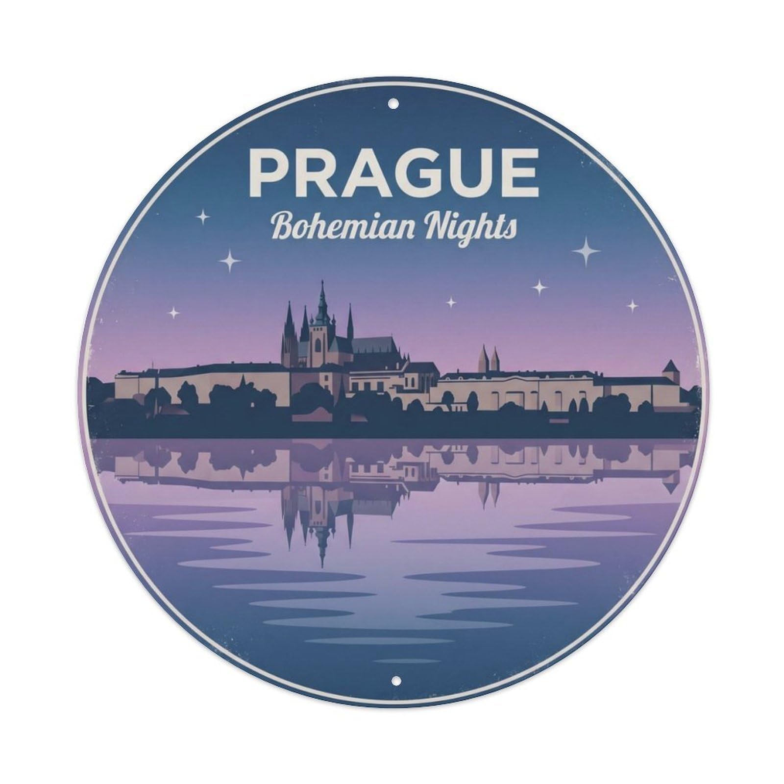 Vintage Travel Bohemia Prague Vltava Metal Tin Sign Plaque Wall Decor for Cafe, Club Bar, Office, Home Garden Round Metal Poster 8x8Inch