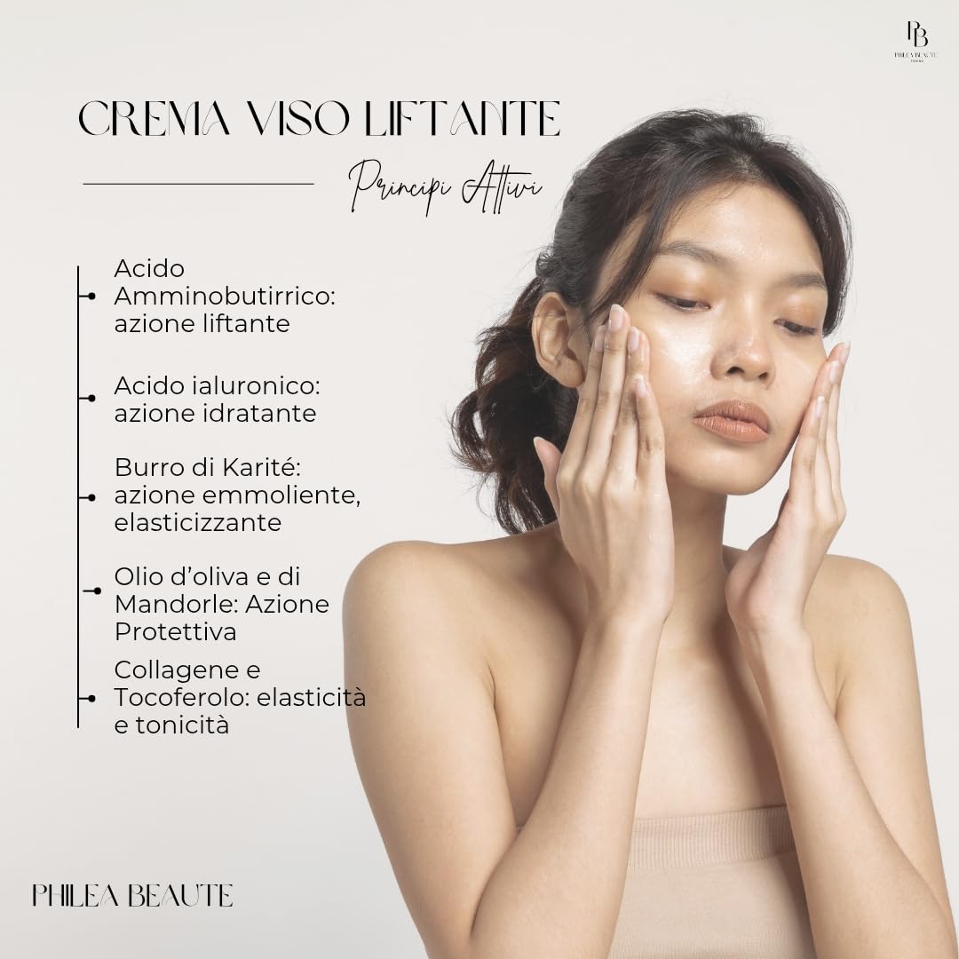 Philea Beauté 50ml Crema Viso Liftante. Crema Antirughe con Acido Ialuronico Collagene Burro di Karité Acido Amminobutirrico
