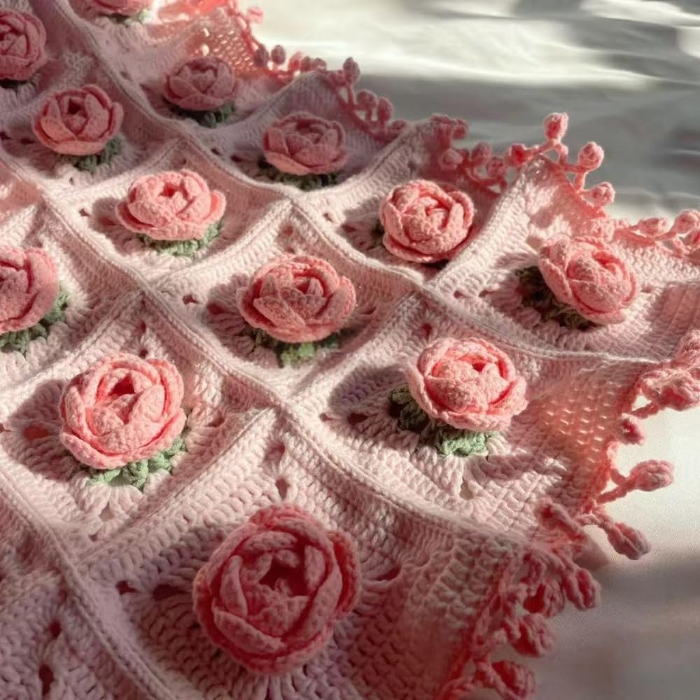 Häkeldecken-Set Häkelset Anfänger für Decke Granny Squares Häkeldecke Kit Couch Blankets Rose Floral Crochet Blanket Häkeldeckensets für Erwachsene Häkelblumenstrauß Rosa 110x110cm