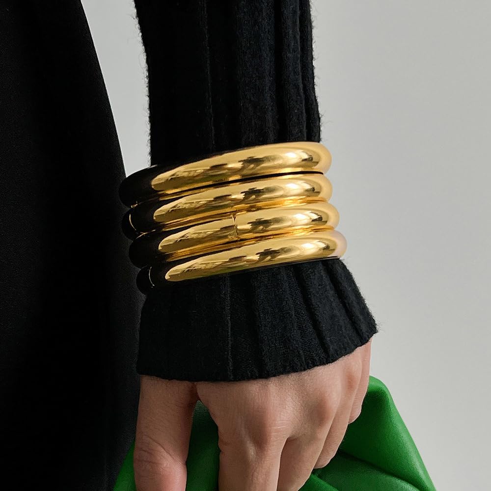 Rrdaily Metal Multilayer Chunky Bracelet Set for Women Retro Layered Wide Gold Bangle Trendy Wrist Cuff Bracelets Stack Statement Fashion Jewelry Gift - Image 2