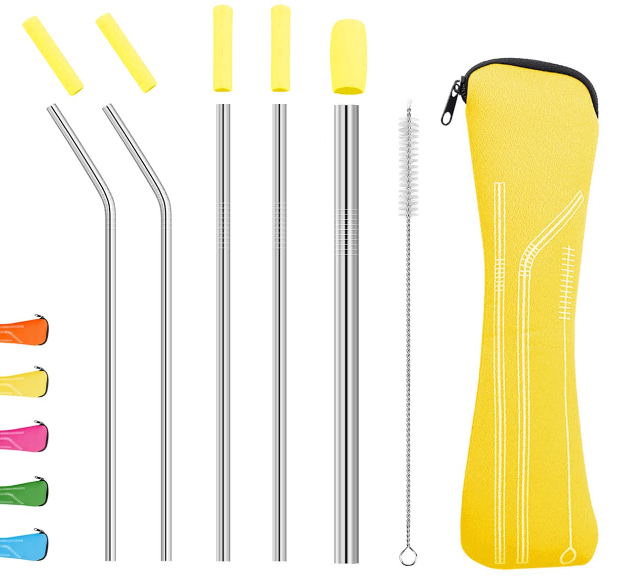 Uoking Metal Straws Set, Food Grade 304 Stainless Steel Straws with Soft Silicone Tips for Smoothie and Hot/Cold Drinks, Storage Pouch and Cleaning Brush Include(Yellow)