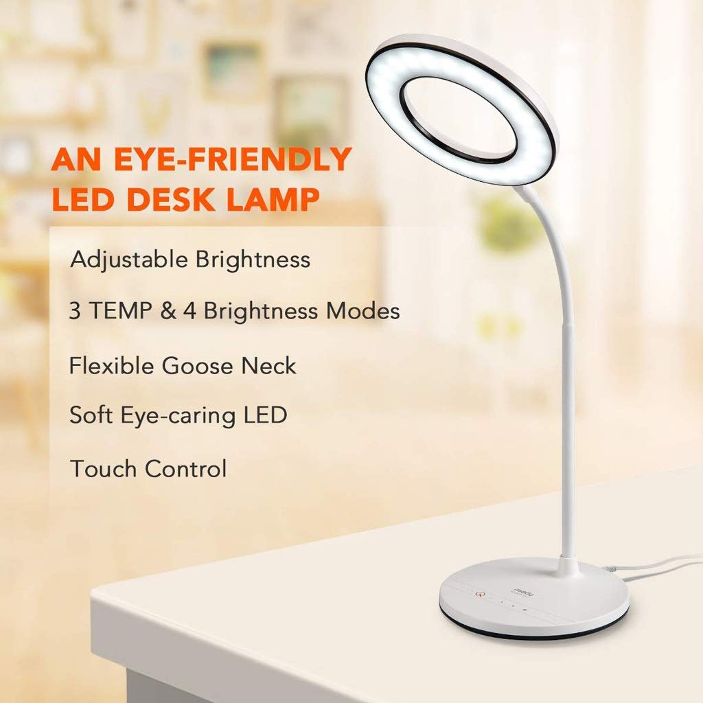 Schreibtischlampe, LED-Tischlampe, augenschonende Schreibtischlampe, 3 Farbmodi mit 4 Helligkeitsstufen, dimmbar, USB-Ladegerät, Bürolampe, Touch-Steuerung, 360° flexibel