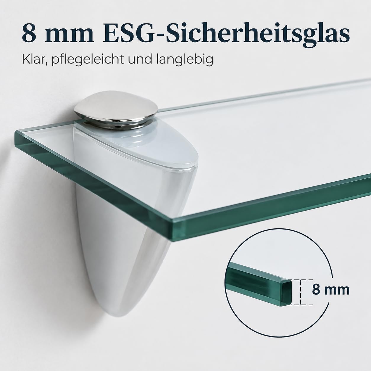 Set di 2 mensole in vetro da 50 x 10 cm, mensole da parete in vetro di sicurezza ESG da 8 mm, con supporto in vetro regolabile, mensola da bagno, doccia per bagno, cucina e balcone