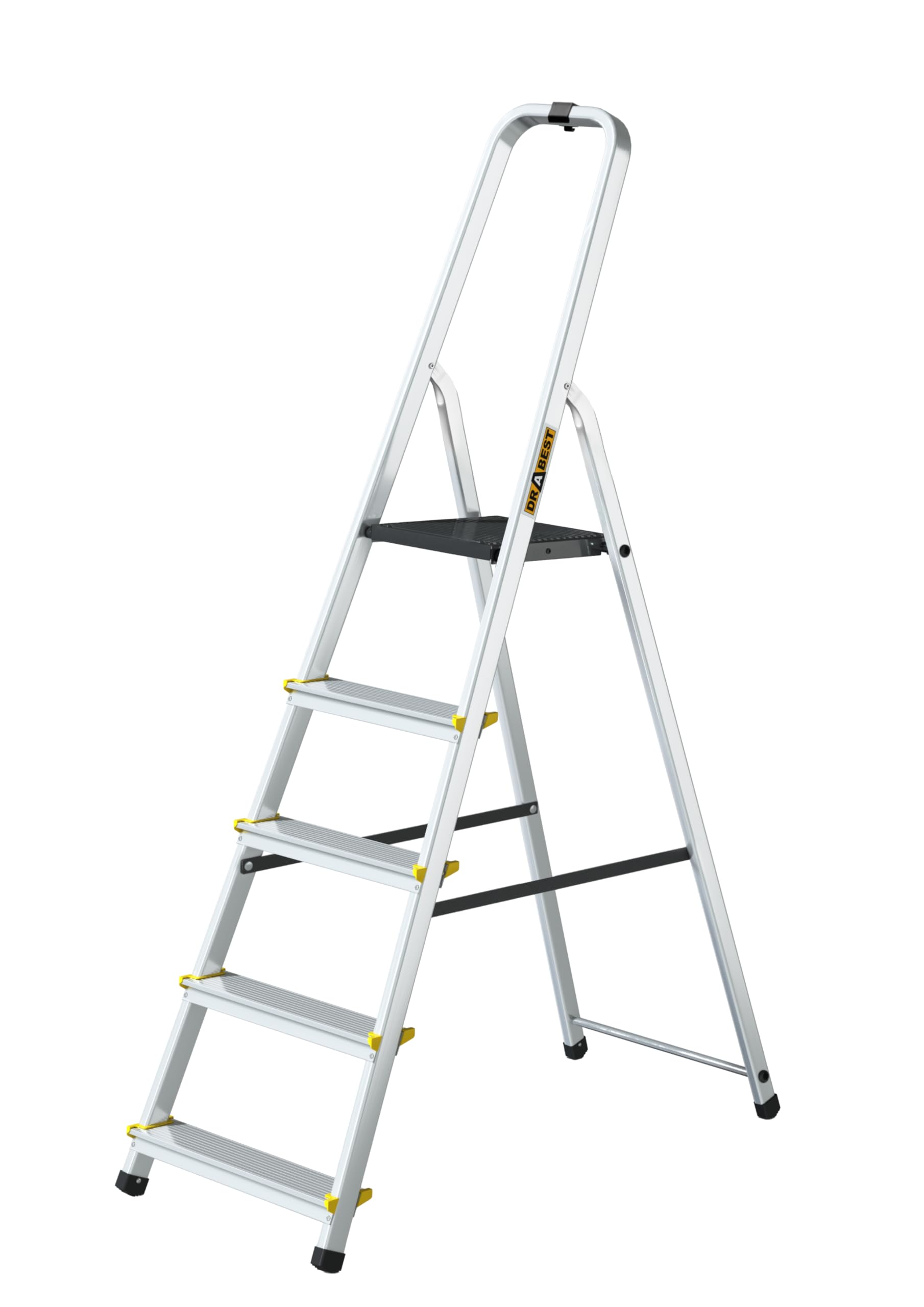 Drabest Silver 5-Step Aluminum Ladder, 150 Kg Load Capacity, Foldable, Non-Slip Treads, Sturdy Frame, Compact For Storage, Equipped With A Practical Tool Hook