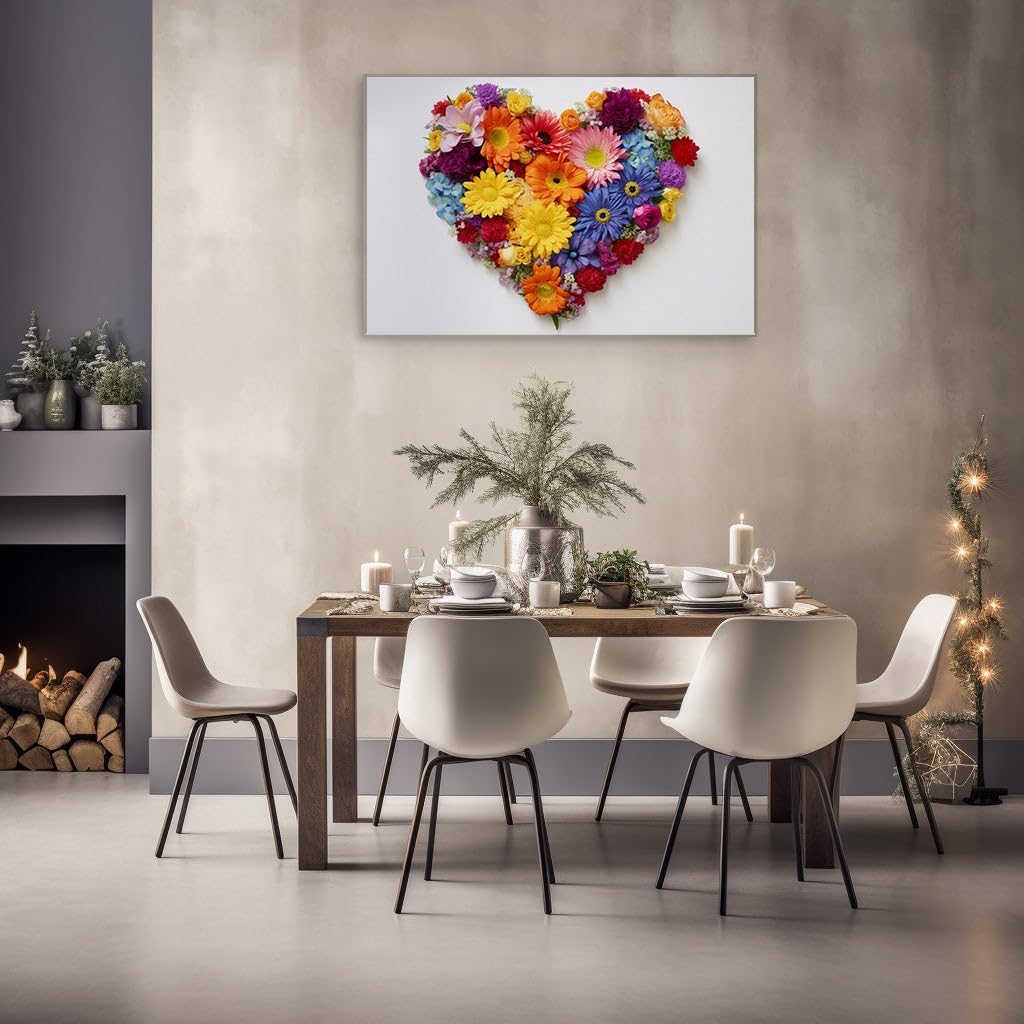 Canvas for Living room. Blooming Affection: A Symphony of Flowers Crafting Love's Vibrant Emblem, 27 x 18 inch Canvas Wall Art - Contemporary Masterpieces - Botanical Home Decor