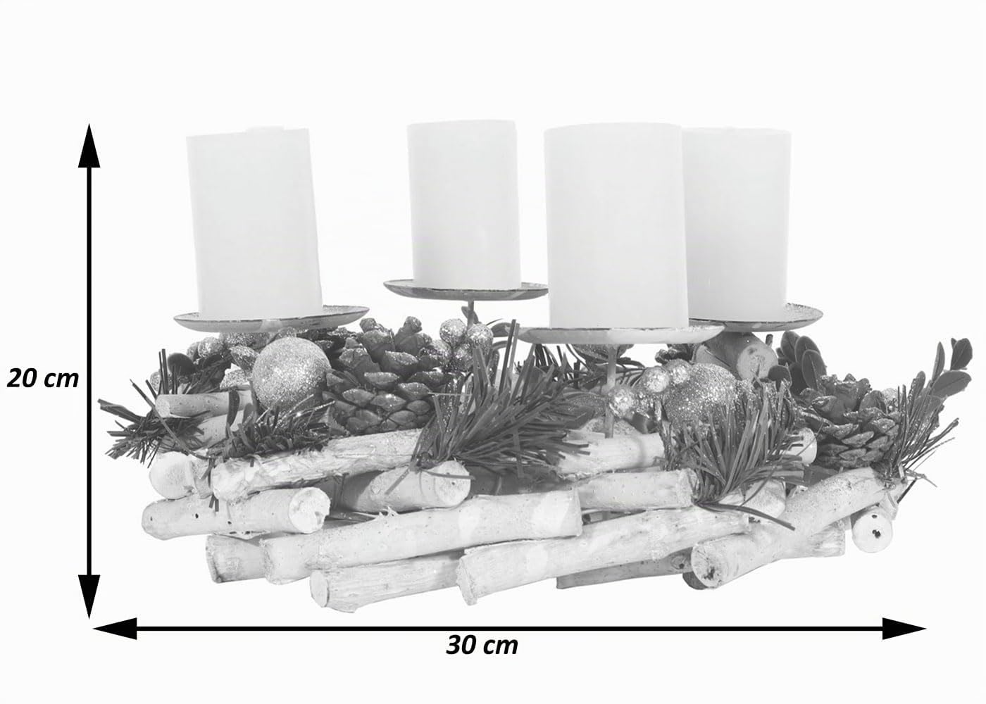 Corona de Adviento HWC-M12, arreglo de Adviento, corona de mesa, decoración navideña para la mesa, corona de madera plateada y blanca de 30 cm de diámetro - con velas