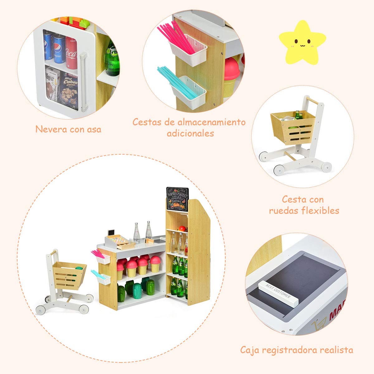 COSTWAY Juguete de Supermercado con Carrito de Compra Incluye Pizarra,Caja Registradora,Escáner,Lector de Tarjetas,Tarjeta de Crédito y Monedas Juguetes de rol para Niños