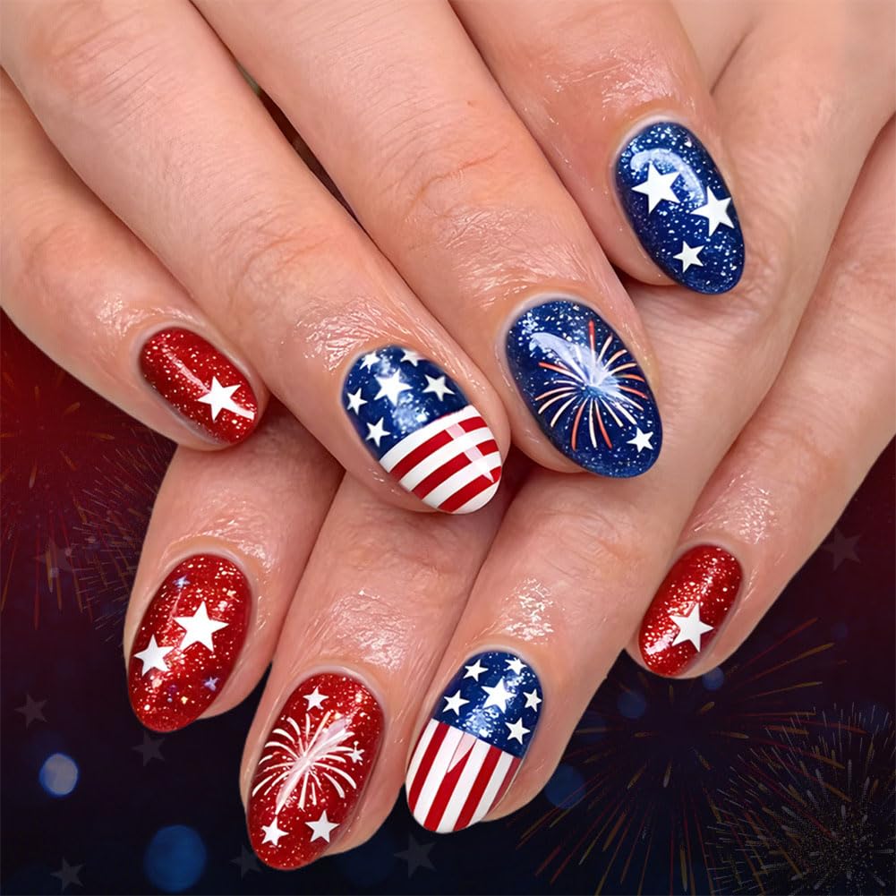 4th of July Press On Nails - Fourth of July Short Almond Fake Nail with American Flag Red White and Blue Design Acrylic Artificial False Nail Press Ons Stick On Nails for Women