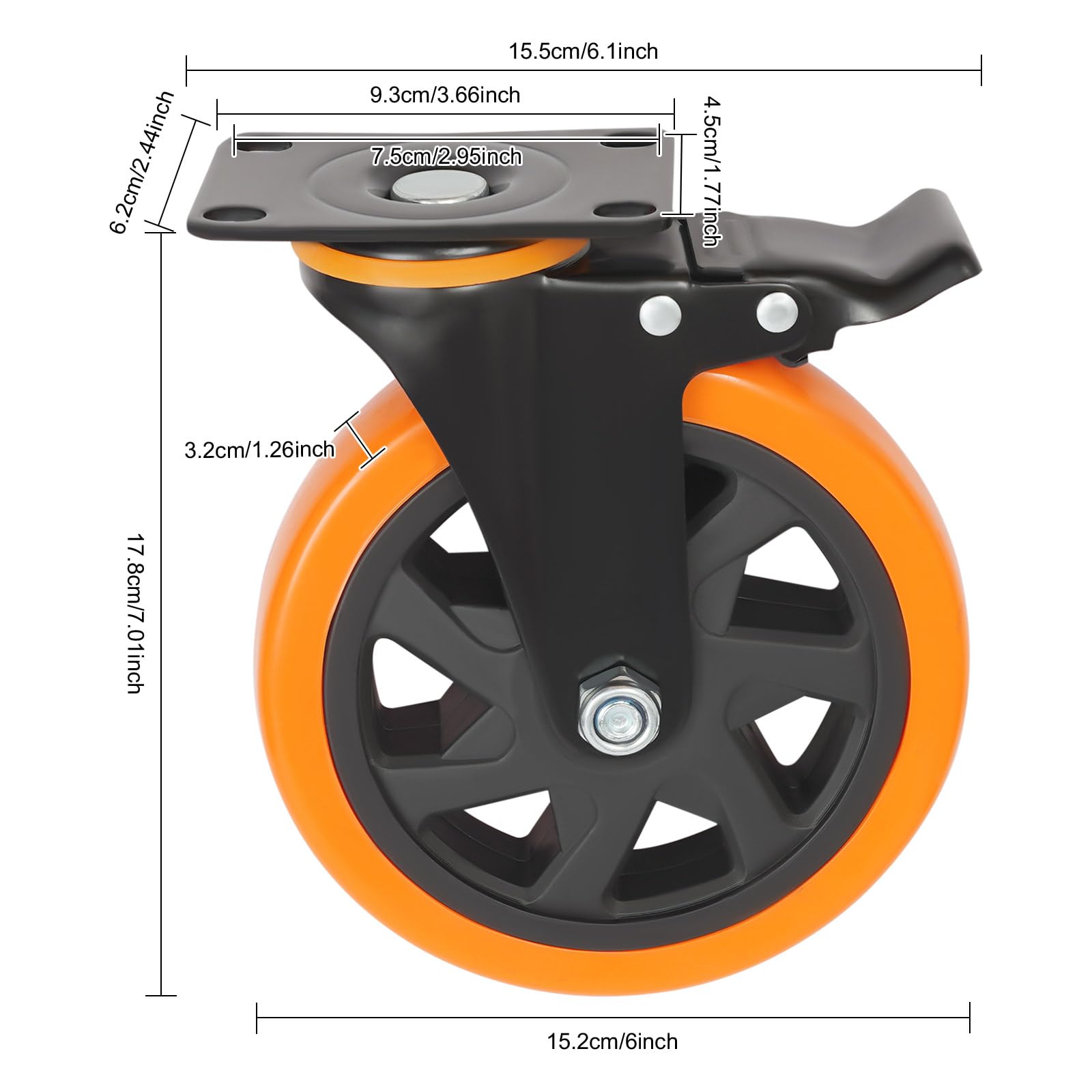 Schwerlastrollen mit Bremse 4er Set – 100 kg Tragkraft pro Rolle – PU Lenkrollen für Möbel, Transportwagen & Werkbänke – Inkl. Montagezubehör (125mm/152mm) (152mm)
