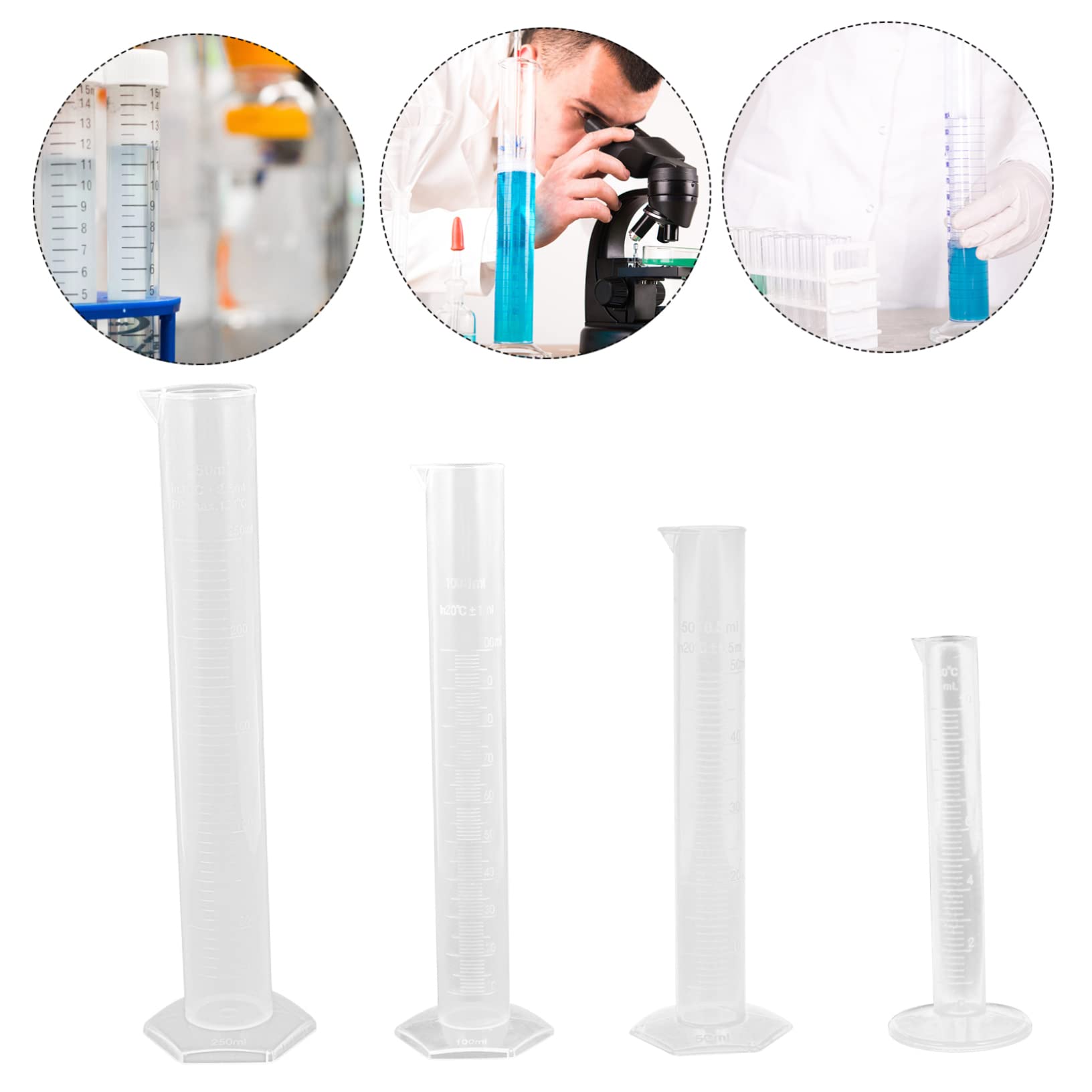 SOLUSTRE Probeta Plástico Graduada 10ml 50ml 100ml 250ml Cilindro Medidor Transparente Set 4 Piezas