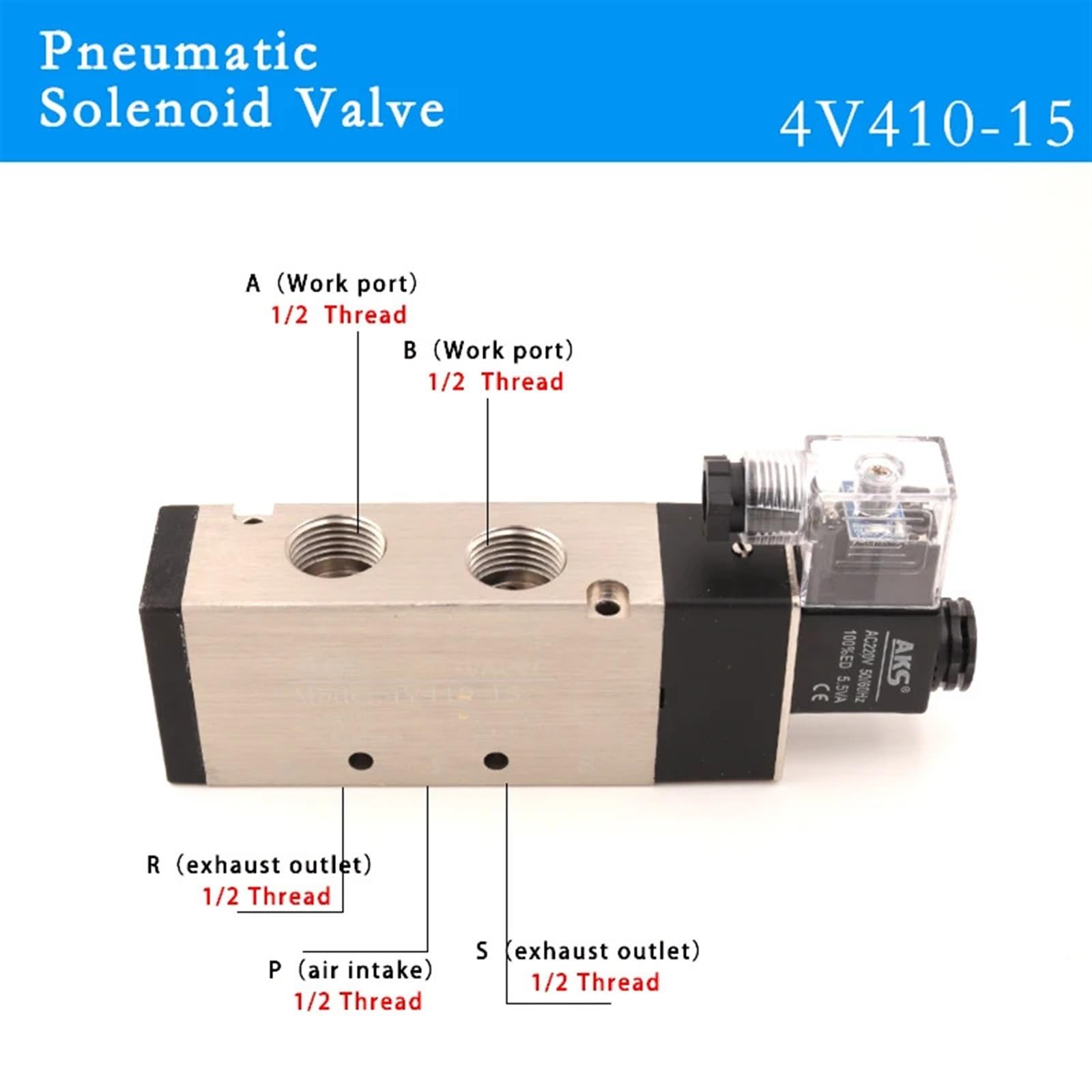 Válvula Solenoide de aire 4V410-15, puerto 5 vías, válvula magnética eléctrica neumática Gas 2 posiciones, CC 12V, 24V, CA 110V y 220V, voltios bobina(AC220V)