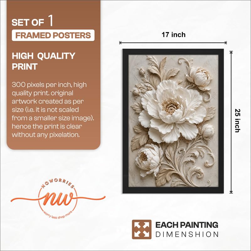Image of NoWorries Floral Botanical Wall Painting with Frame | Premium Textured Flower & Leaf Artwork, Pastel Nature Wall Decor Framed for Living Room Bedroom Office and Home Decoration (Art-16,17x25inch)