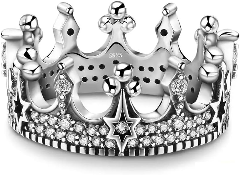 Vintage Tiara Crown Solid 925 Sterling Silver Cubic Zirconia Cool Star Punk Band Rings for Women Jewelry SSS-0215