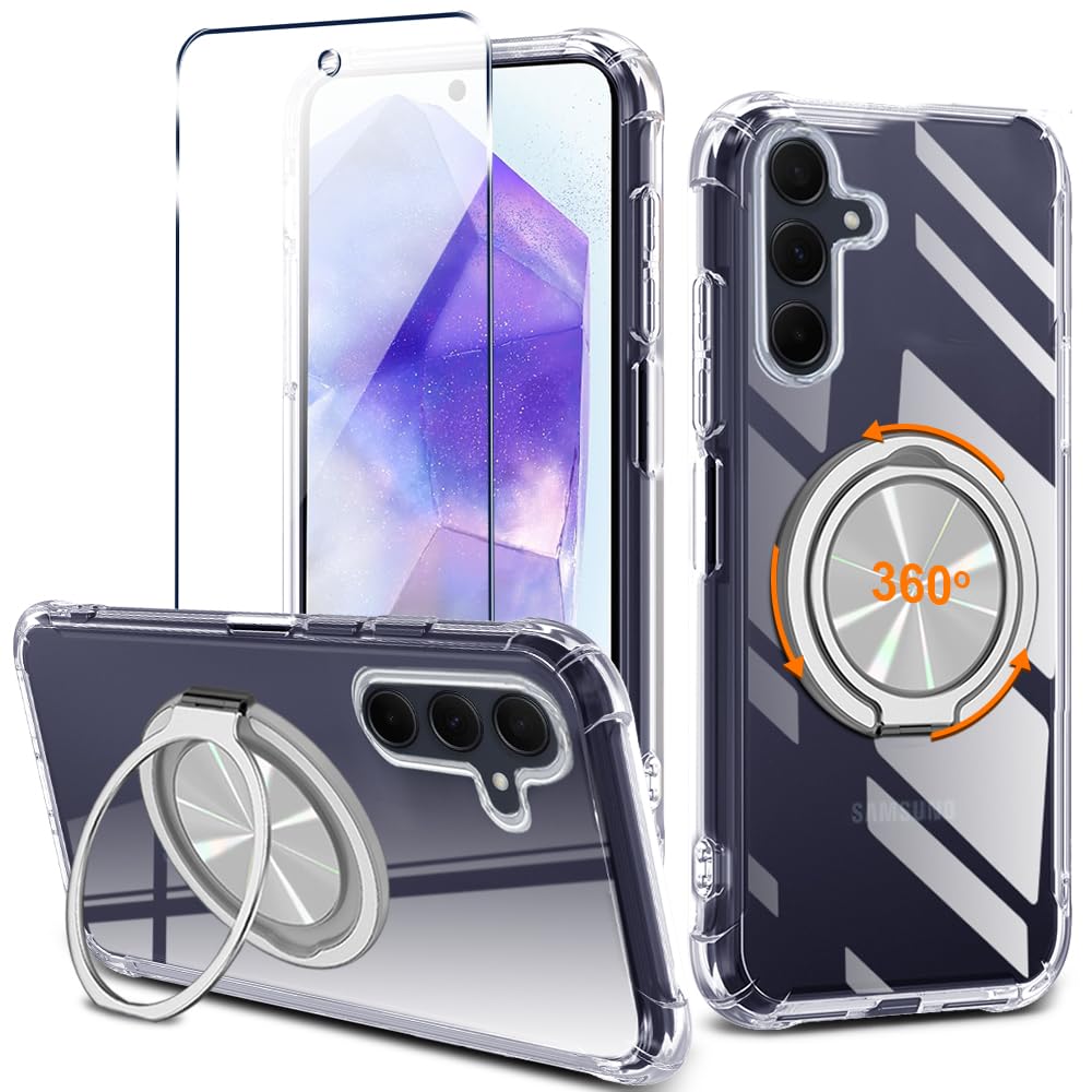 for Samsung Galaxy A56 5G 2024 Phone Case with Screen Protector 360° Rotatable Ring Holder Kickstand/Stand [Non Yellowing] Transparent 4 Corners