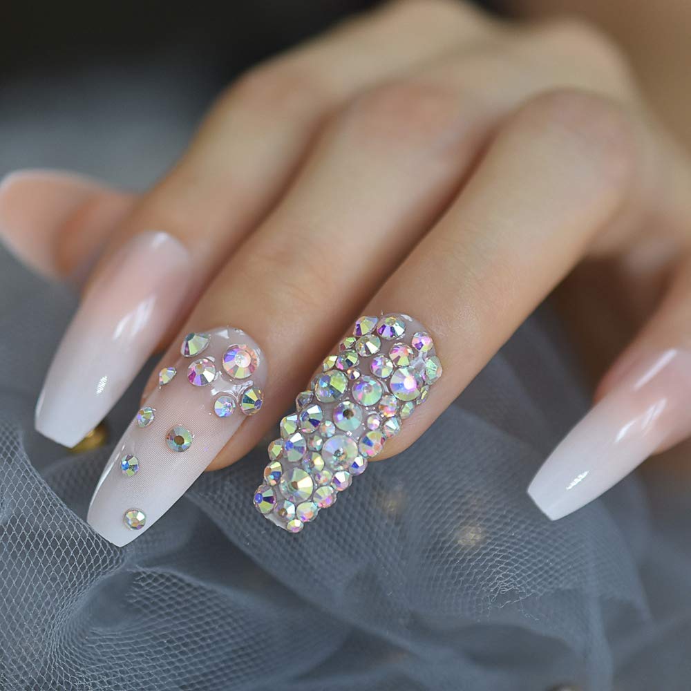 Amazon.com: Crystal Ombre Nails Full Designed Rhinestones Ballerina Fake  Nails Long Natural White Designer Nail Art Tips : Beauty & Personal Care