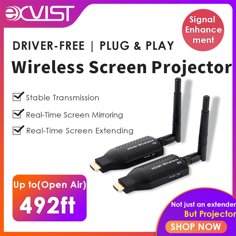 EXVIST Kit trasmettitore e ricevitore HDMI wireless portatile - 492t a lungo raggio, streaming HD 1080p, Plug & Play per TV/proiettori, ideale per Home Theater, presentazioni in ufficio