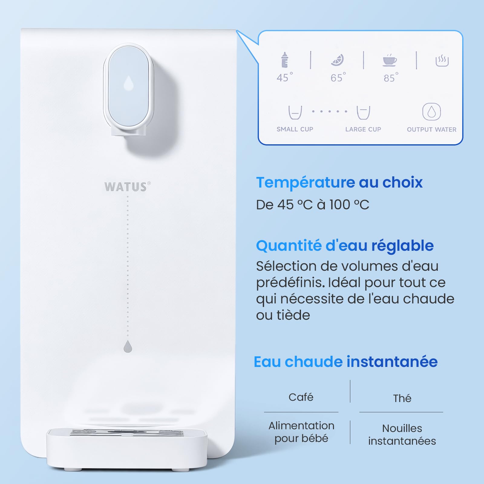 Distributeur eau chaude, distributeur instantané avec filtration et chauffage, 3 cartouches filtrantes. Filtrez l'eau pour réduire le calcaire, le chlore, le plomb.