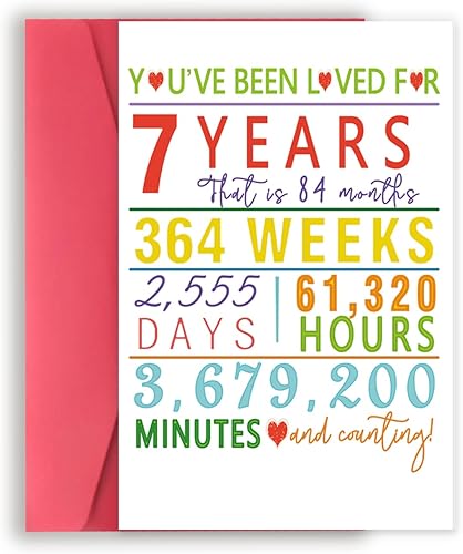 YiKaLus Colorida tarjeta de cumpleaños número 7 para hija e hijo, regalo perfecto de cumpleaños de siete años para él y ella, bonita tarjeta