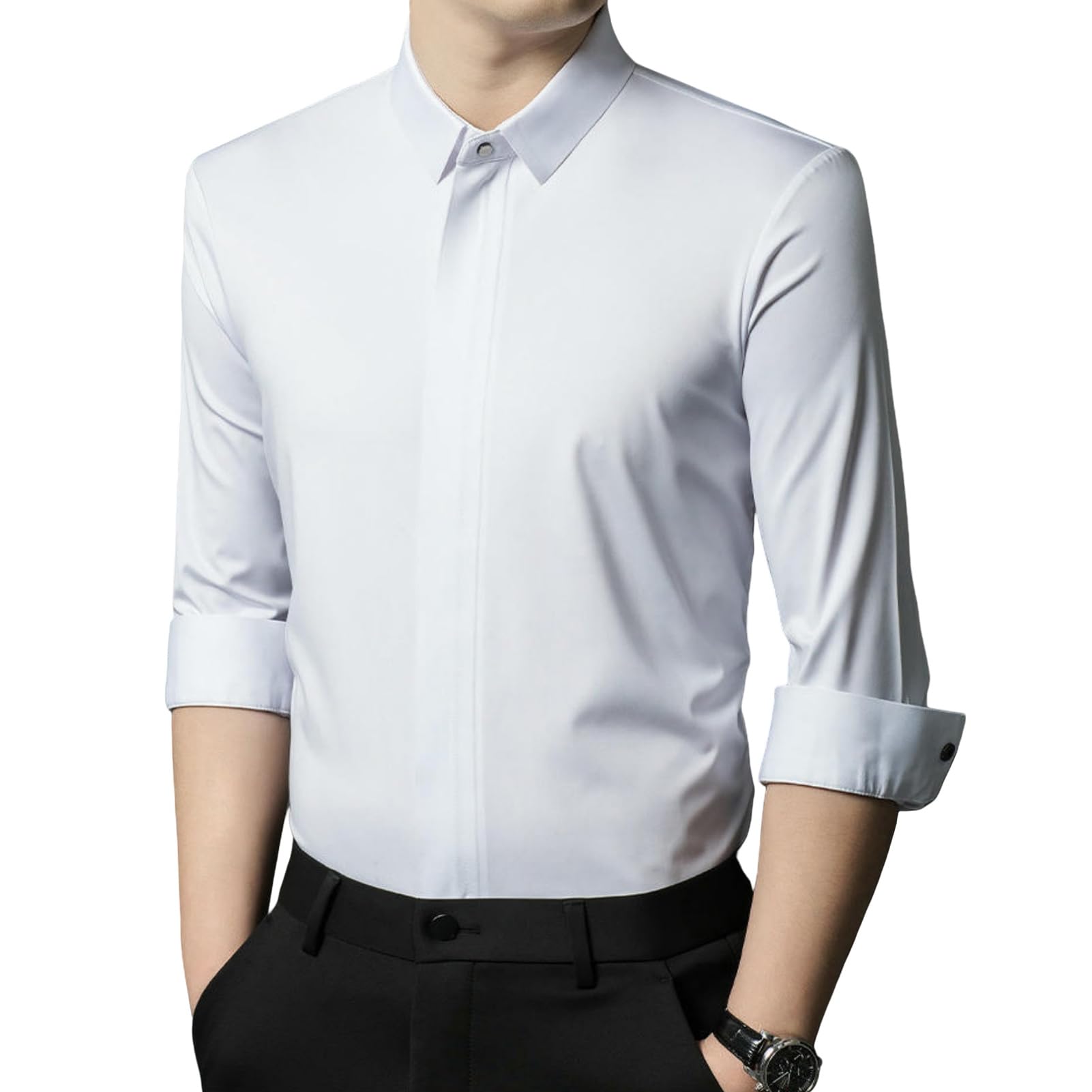 Hombres Primavera Otoño Seda Hielo Elástico Oculto Botón Cremallera Cuello Liso Negocios Casual Camisa de Manga Larga
