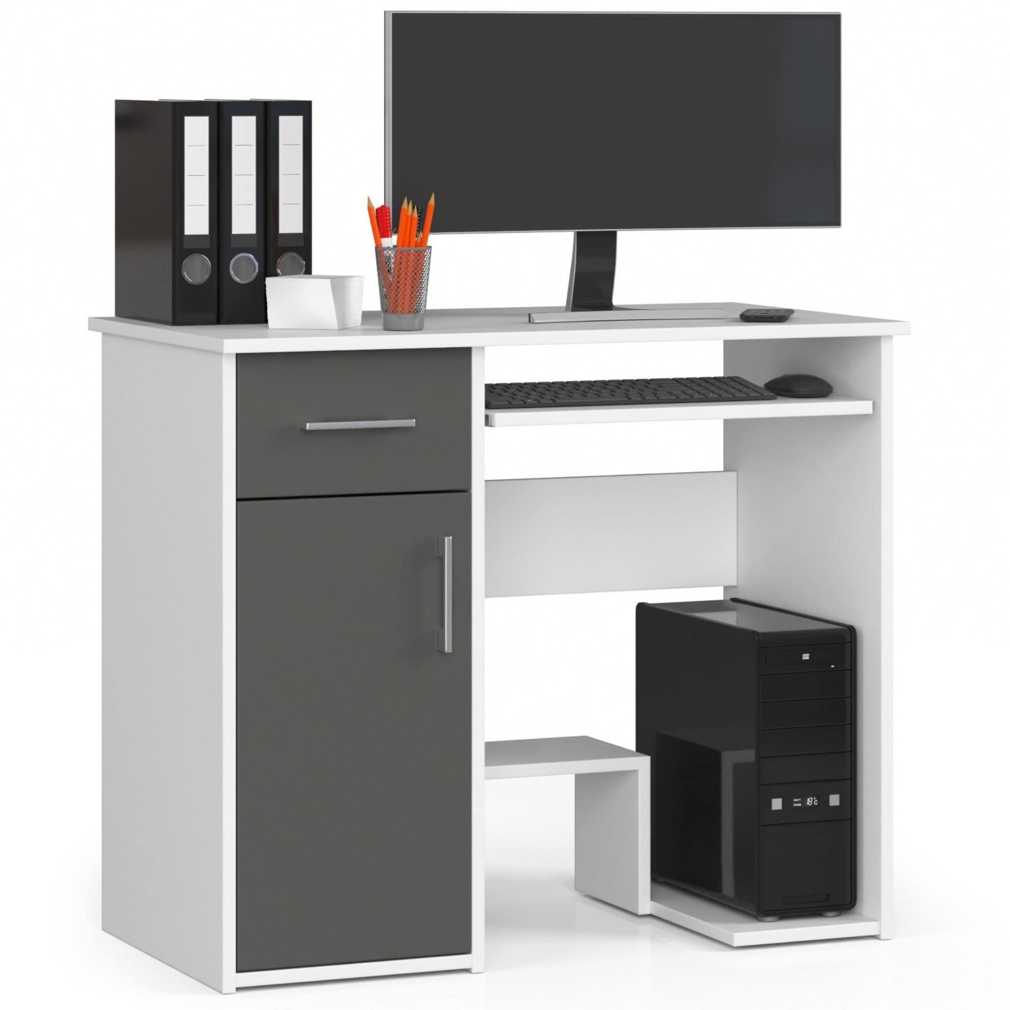 AKORD | Escritorio Jay para PC con Estante para Teclado | Mesa de Oficina y Ordenador | L90 x H74 x P50 cm 29 kg | Blanco y Gris Grafito