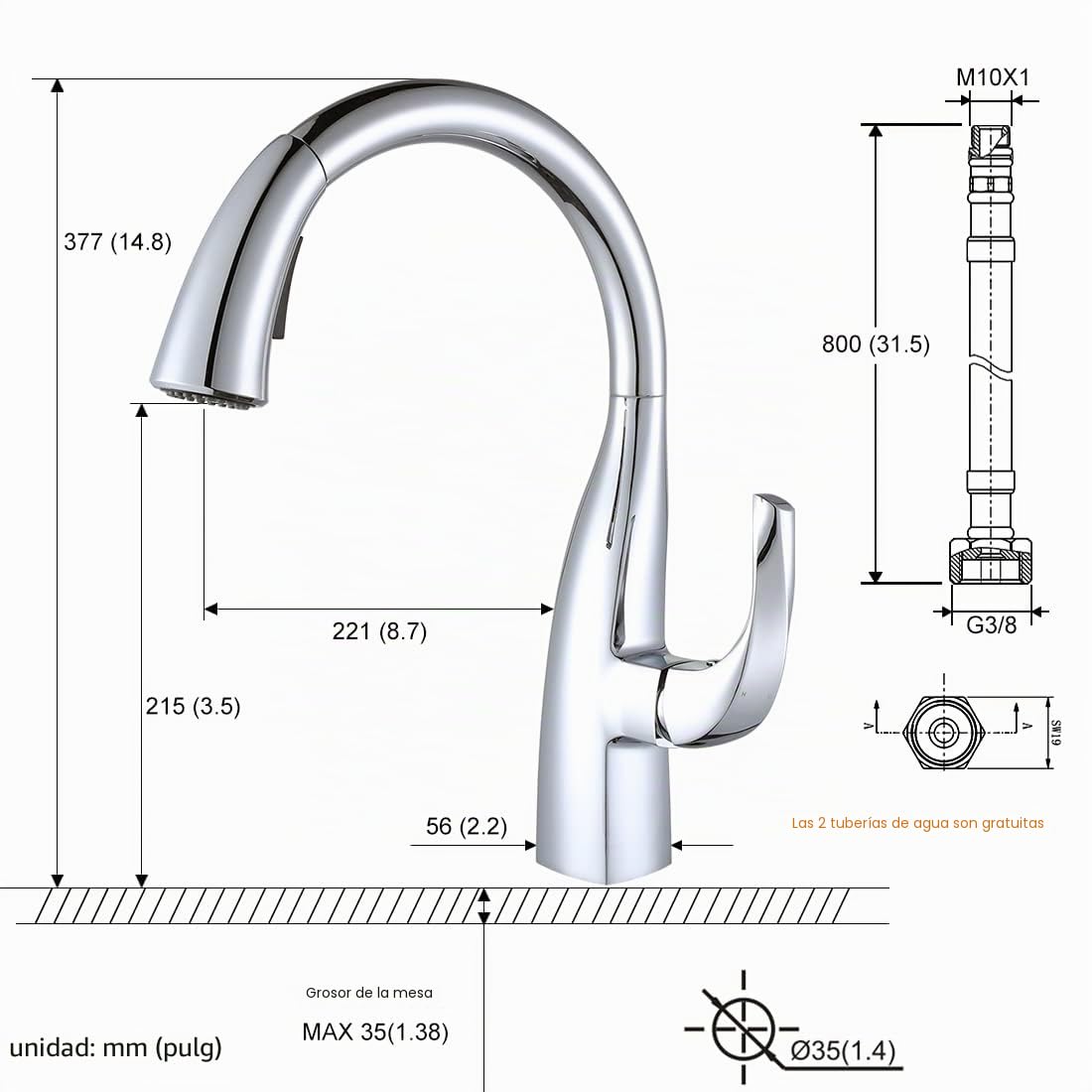 ARCORA Grifo Cocina Extraíble 360° Giratorio, Grifo Monomando Acero Inoxidable con 2 Modos de Chorro, Compatible con Fregadero Doble, Cromado