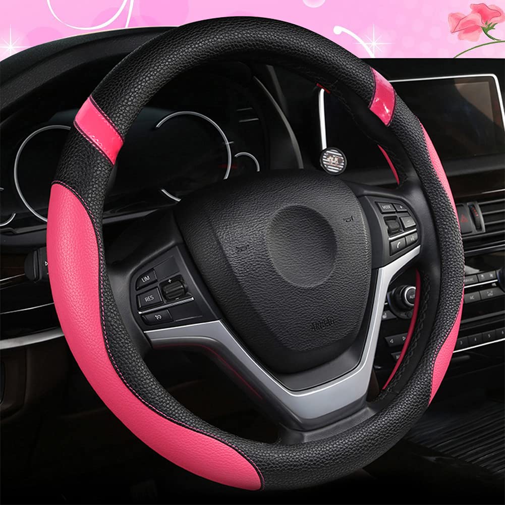 Steering Wheel Cover for Car Universal Leather Steering Wheel Cover for Women 15 inch (Rose)