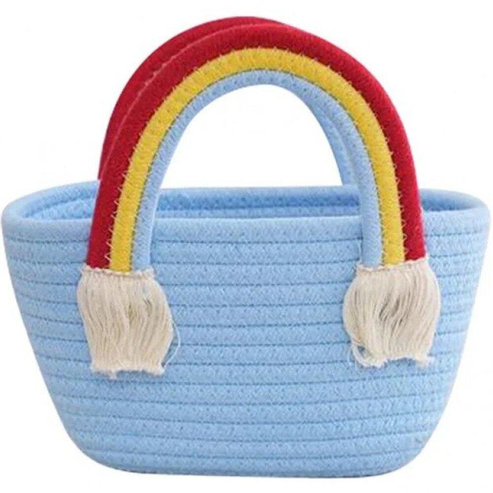 Sanfly Women's Blue Rainbow Shopping Basket Cotton Rope Handbag Woven Rope Basket Laundry Basket White Girls Tote Bag Beach Tote Bag For Portable Storage Bag Rainbow Handle Handbag