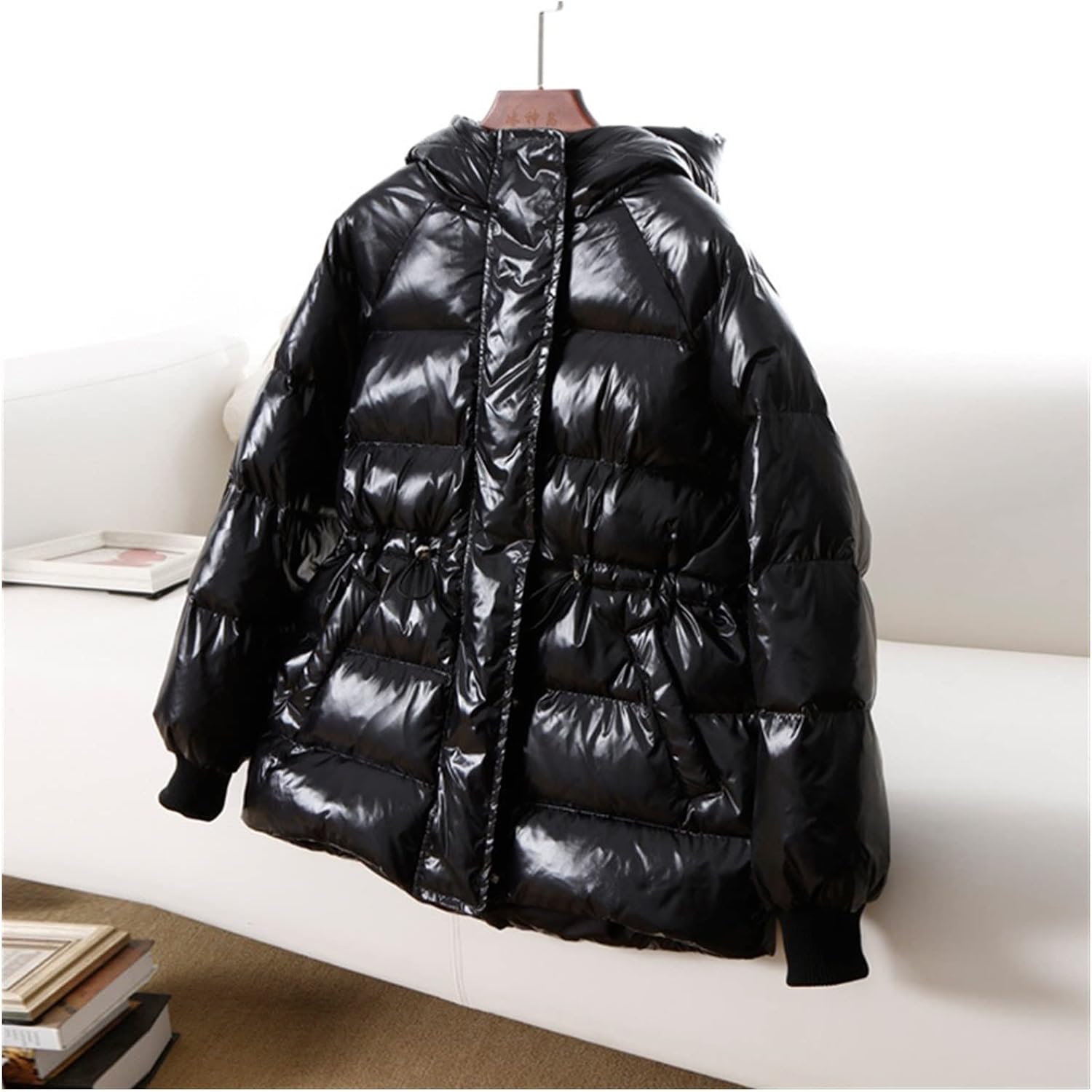 シャイニーフェザーダウンジャケットの冬のコートの女性の95％ホワイトダウンパーカーのフード付き光沢のある雪のアウターダック ポータブ