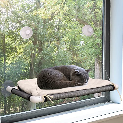 Image of ZALALOVA Cat Perch, Cat Window Seat Large Sturdy Bed Fleece Blanket 2026 Screw Suction Cups Resting with Blanket(Brown)
