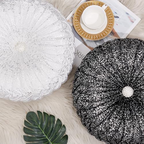 Image of EUCIOR Round Throw Pillows,White and Silver Throw Pillows,White Decorative Pillow,Pumpkin Pleated Handmade Round Velvet Decorative Pillow for Sofa Bedroom Livingroom