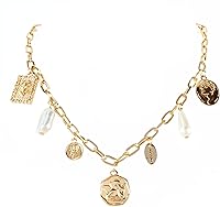 NORLSO Gold White Pearl Choker Necklace for Women - Boho Head Portrait Square Pendant Charm Beach Jewelry