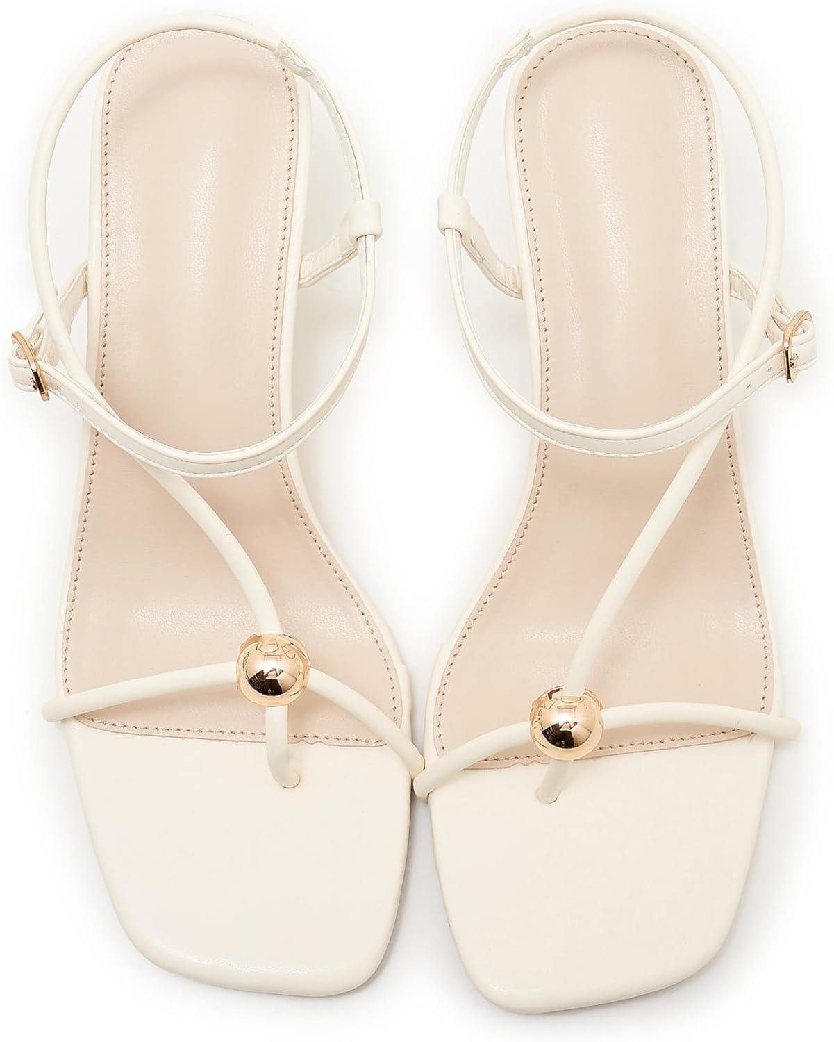 Black Women's Strappy Kitten Heel Sandals Open Square Toe T-Strap Heels with Gold Ball Detail Ankle Buckled Dress Shoes