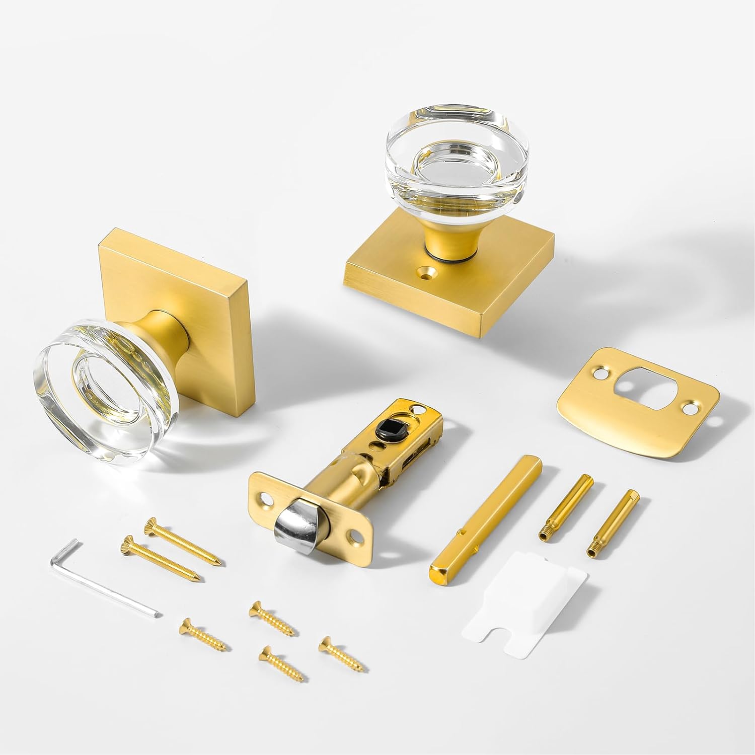 Glass Crystal Door Knob - Square Satin Brass Passage Handle for Interior, Closet, Hallway - Modern Brushed Gold