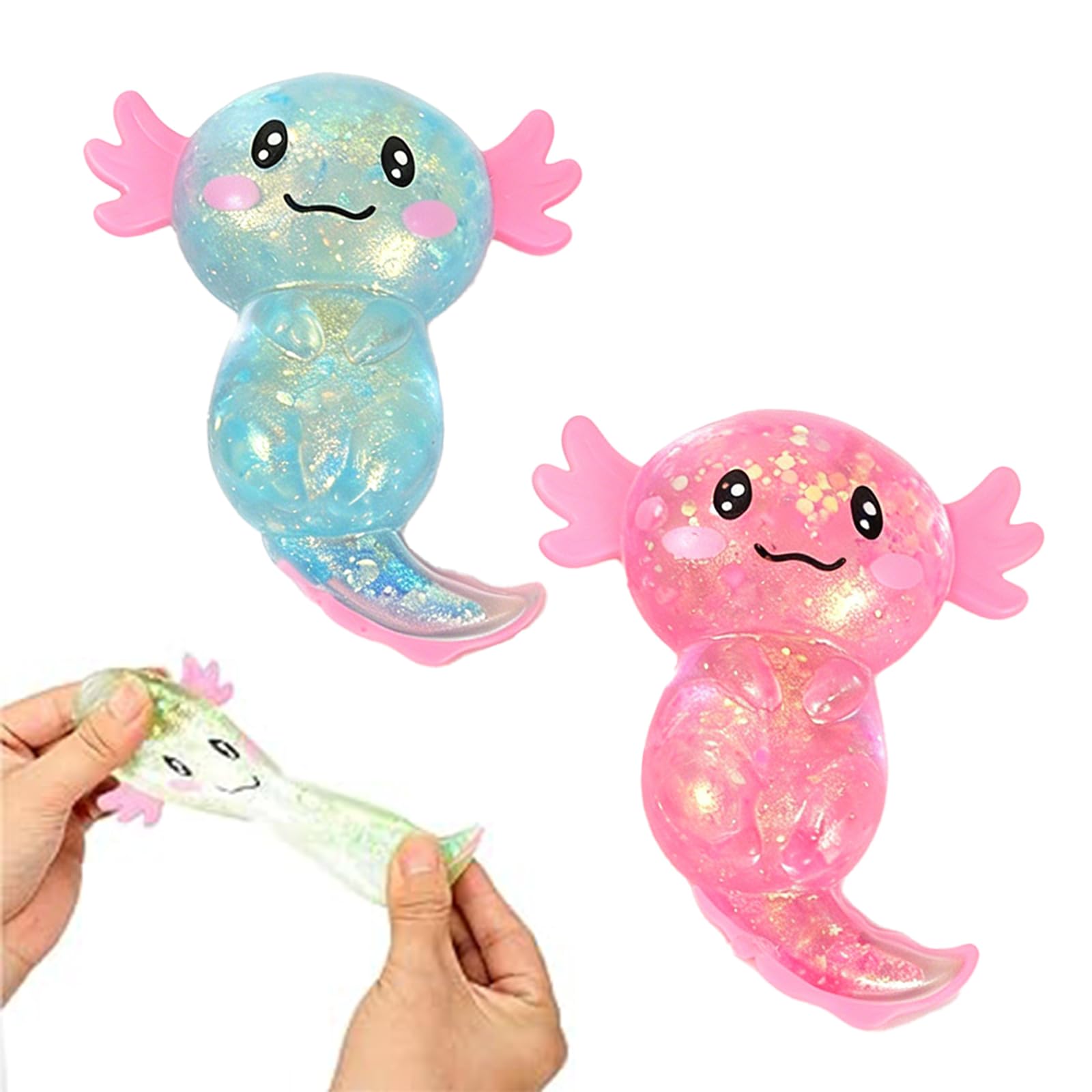 2 Pcs Axolotl Squishy Fidget Toys,Sensory Toy,Glitter Salamander Squeeze Toy,Small Cute Squeeze Fidget for Children,Adolescents,Stress Relief,Calming Anxiety,Soft Sensory Play Gift