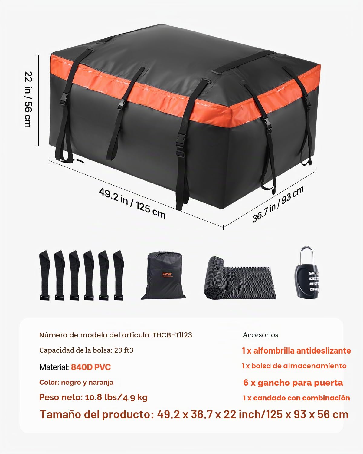 VEVOR Bolsa de Carga para Techo de Automóvil, Resistente, 840D PVC, 100% Impermeable, para Todos los Vehículos con o sin Portaequipajes, con Cerradura, Gancho para 6 Puertas, 125 x 93 x 56 cm