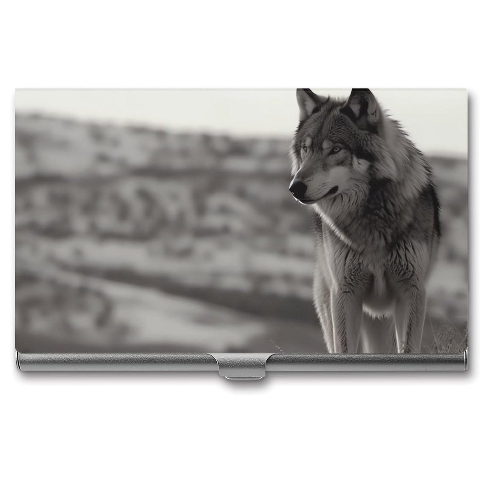 BTCOWZRV Wolf On The Grass Business Card Holder Metal Slim Business Card Case, Pocket Card Holder for Men Women Purse Name Card Holder Stainless Steel Wallet Credit ID Case for Office