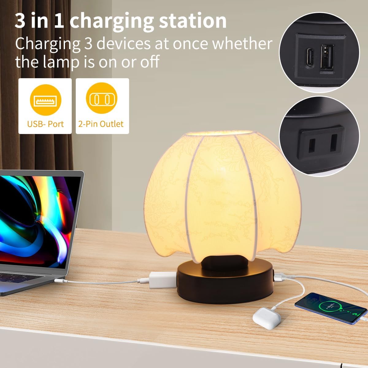 Mushroom Table Lamp 3 Way Touch Dimmable with USB Charging Ports A/C and Outlet Mushroom Night Light, Vintage Nightstand Lamp, Farmhouse Bedside Lamps for Living Room