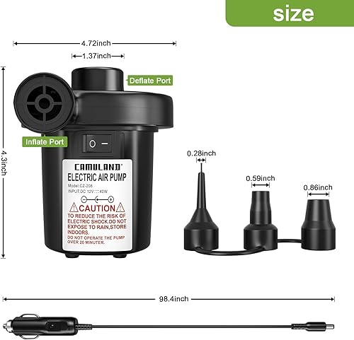 Miniatura 4 de CAMULAND Bomba de aire, bomba de aire portátil para inflable con 3 boquillas, certificación ETL, inflador de llenado rápido de 12 V para colchón de