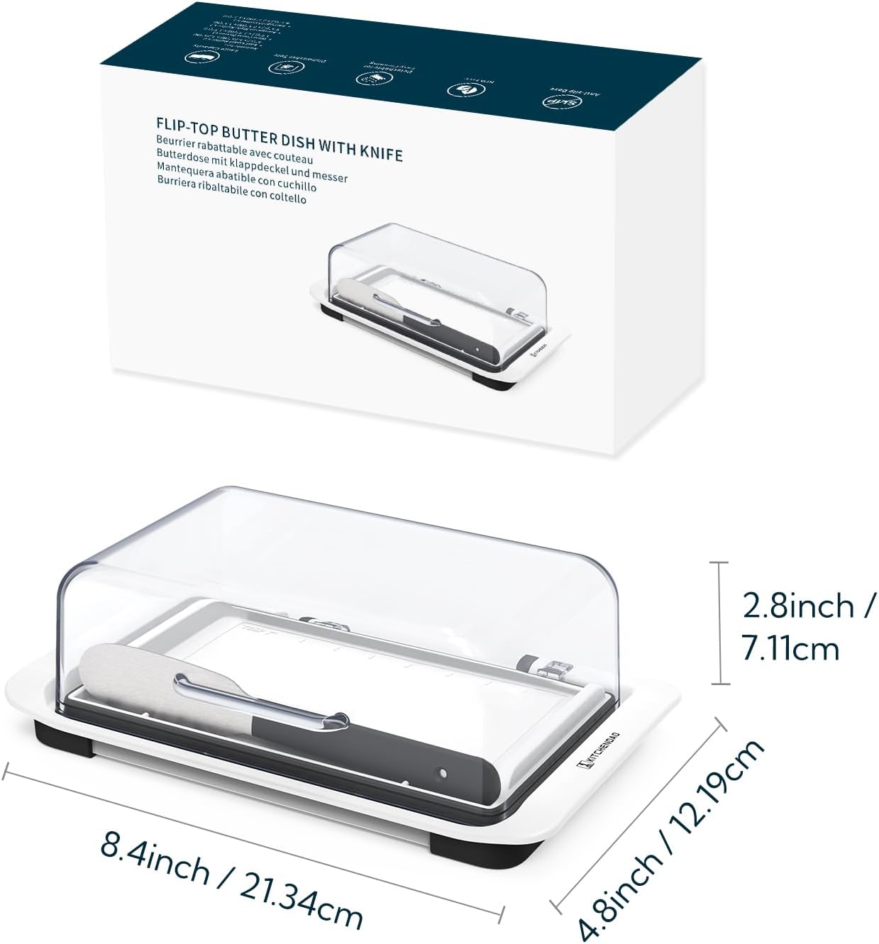 KITCHENDAO Airtight Flip-Top Butter Dish with Lid and Knife Spreader for Countertop and Refrigerator, Butter Keeper, Plastic Butter Holder Tray for 2 Sticks East Coast/ West Coast/ Kerrygold Butter