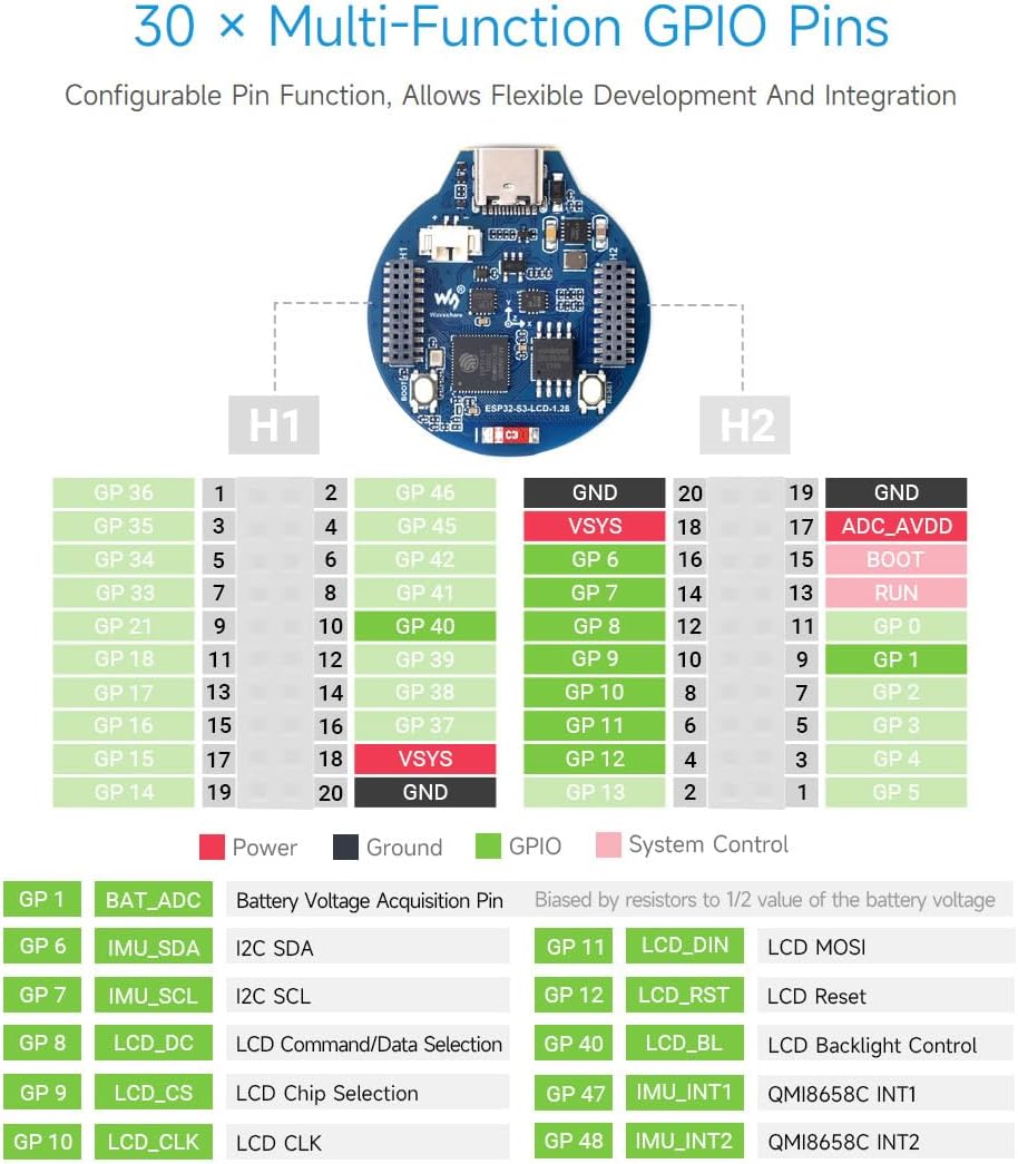 Waveshare ESP32-S3 Development Board, 32-Bit LX7 Dual-Core Processor, Integrates GC9A01 Display Driver Chip, with 1.28inch IPS Round LCD, 240×240 Resolution, Supports WiFi/Bluetooth