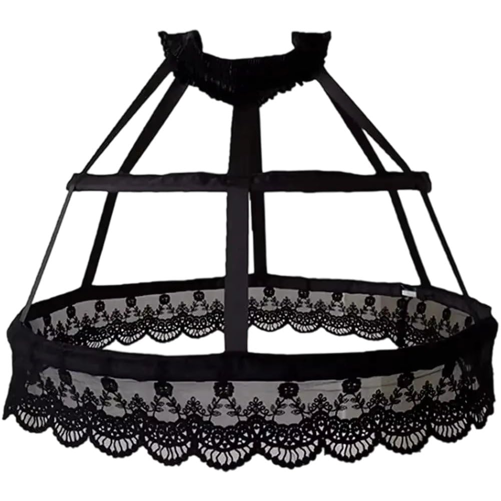 Uzztfa Women's Black Victorian Petticoat 2 Hoops Crinoline Petticoat Lolita Fishbone Hollow Bird Cage Skirt Embroidery Floral Lace Underskirt For