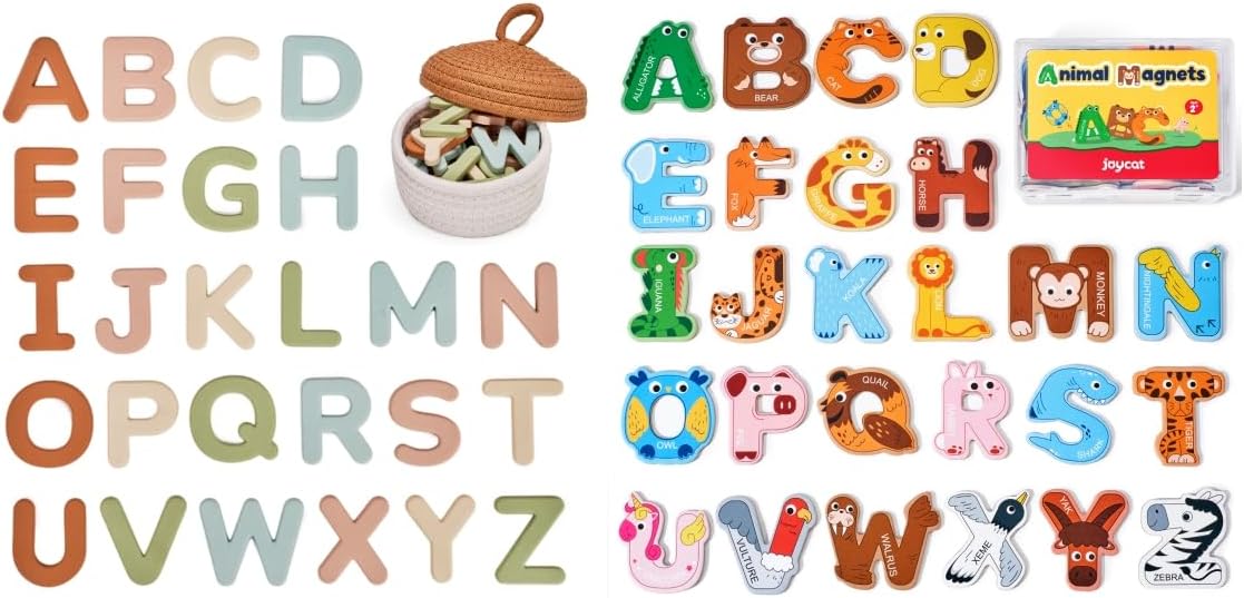 JoyCat Wooden Thick Alphabet Magnets for Toddlers + Silicone Alphabet Magnetic Letters, 26 Uppercase ABC Fridge Magnets for Toddlers & Kids