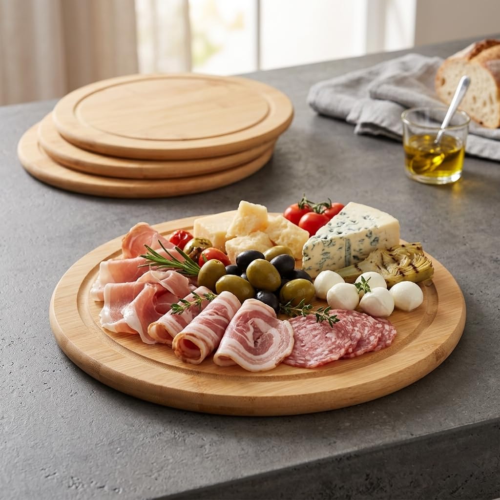 Kesper Vesperteller Set rund Ø 25 cm – 4-teiliges Frühstücksteller-Set aus FSC-zertifiziertem Bambus – Brotzeitteller mit Saftrille – natürlich, robust & messerschonend - 5844215