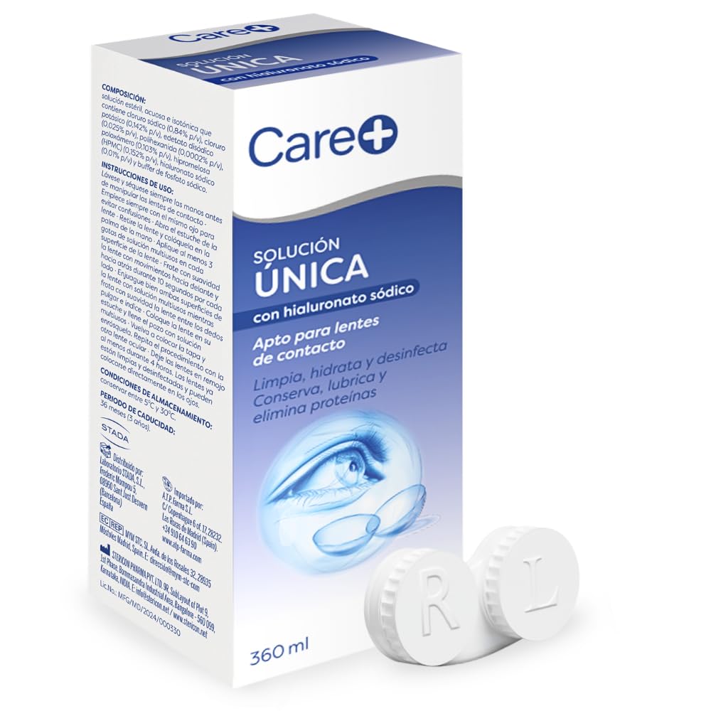 Care+ Líquido de lentillas con Hialuronato Sódico, Solución única para contacto blandas, Limpia e hidrata, Alivio para Ojos Secos y Sensibles, con portalentillas, 360ml — view 2