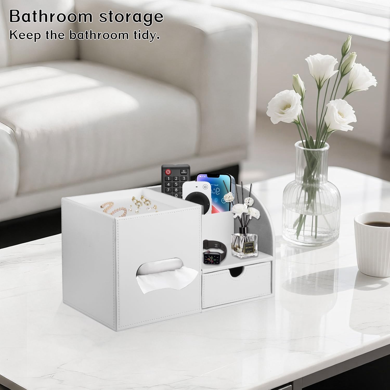 Square Tissue Box Cover with Tray and Organizer,Multi-Functional Decor Cube Tissue Box Holder,Tissue and Remote Control Holder,for Vanity,Nightstand,Bathroom,Home,Office