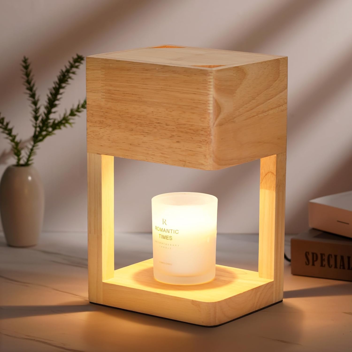 Funistree Candle Warmer Lamp with Dimmer, New Home Gifts for Women Men, Birthday Presents for Her Him, Wooden Candle Heater Lamp with 2 Bulbs for Scented Candle