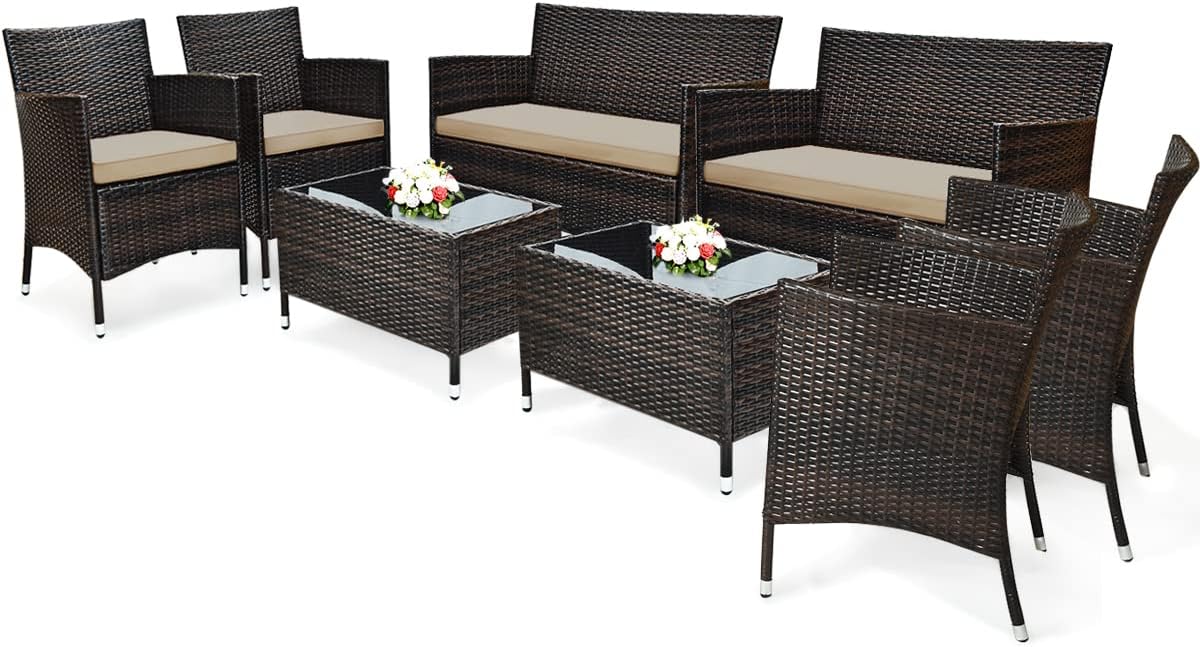 COSTWAY 8PCS Rattan Patio Furniture Set, Outdoor Wicker