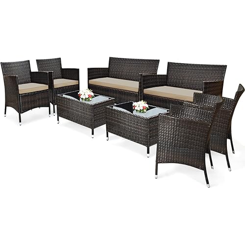 COSTWAY 8PCS Rattan Patio Furniture Set, Outdoor Wicker Rattan Chairs with Coffee Table, Rattan Cushioned Conversation Set for Backyard Balcony Porch Poolside, Brown