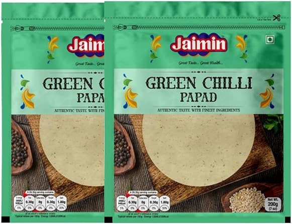Jaimin Assorted Papad Variety Pack, 7 Flavours - Bikaneri, Black Pepper, Jeera, Green Chilli, Rajwadi, Punjabi, Garlic, 200g Each | Crispy & Flavorful Snacks Pack of 2, Green Chilli